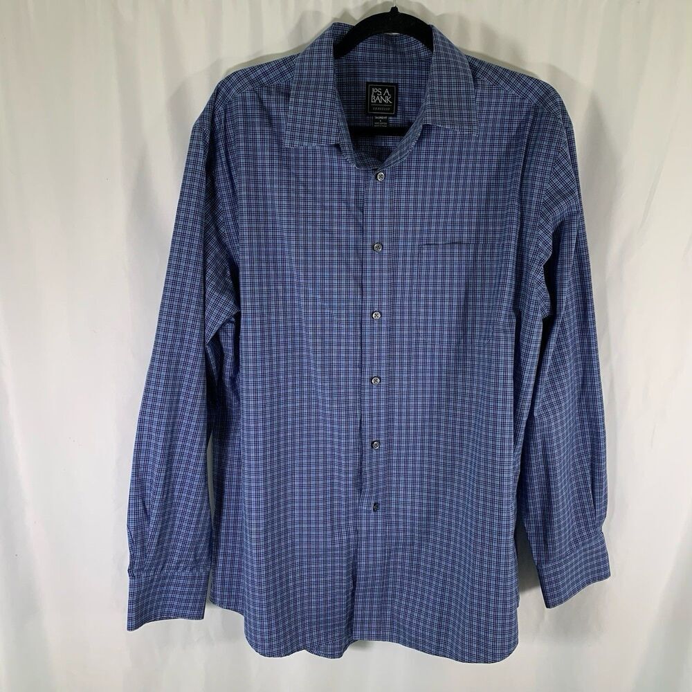 Jos A Bank Traveler's Shirt Men's Large Blue Plaid Long Sleeve Button Up Cotton